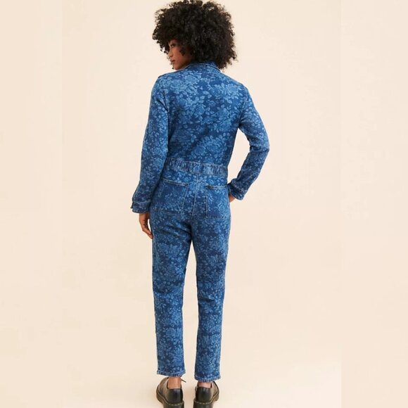 Tricia Fix embellished upcycled floral denim jumpsuit ~ L - Picture 2 of 10